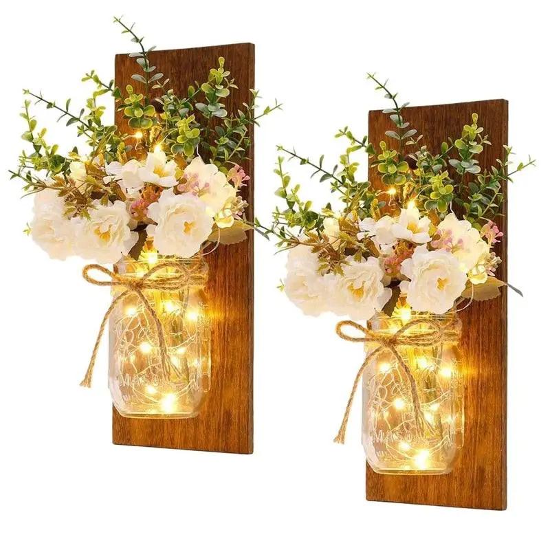 Rustic Mason Jar Sconce 2 Pack Fairy Lights Peony