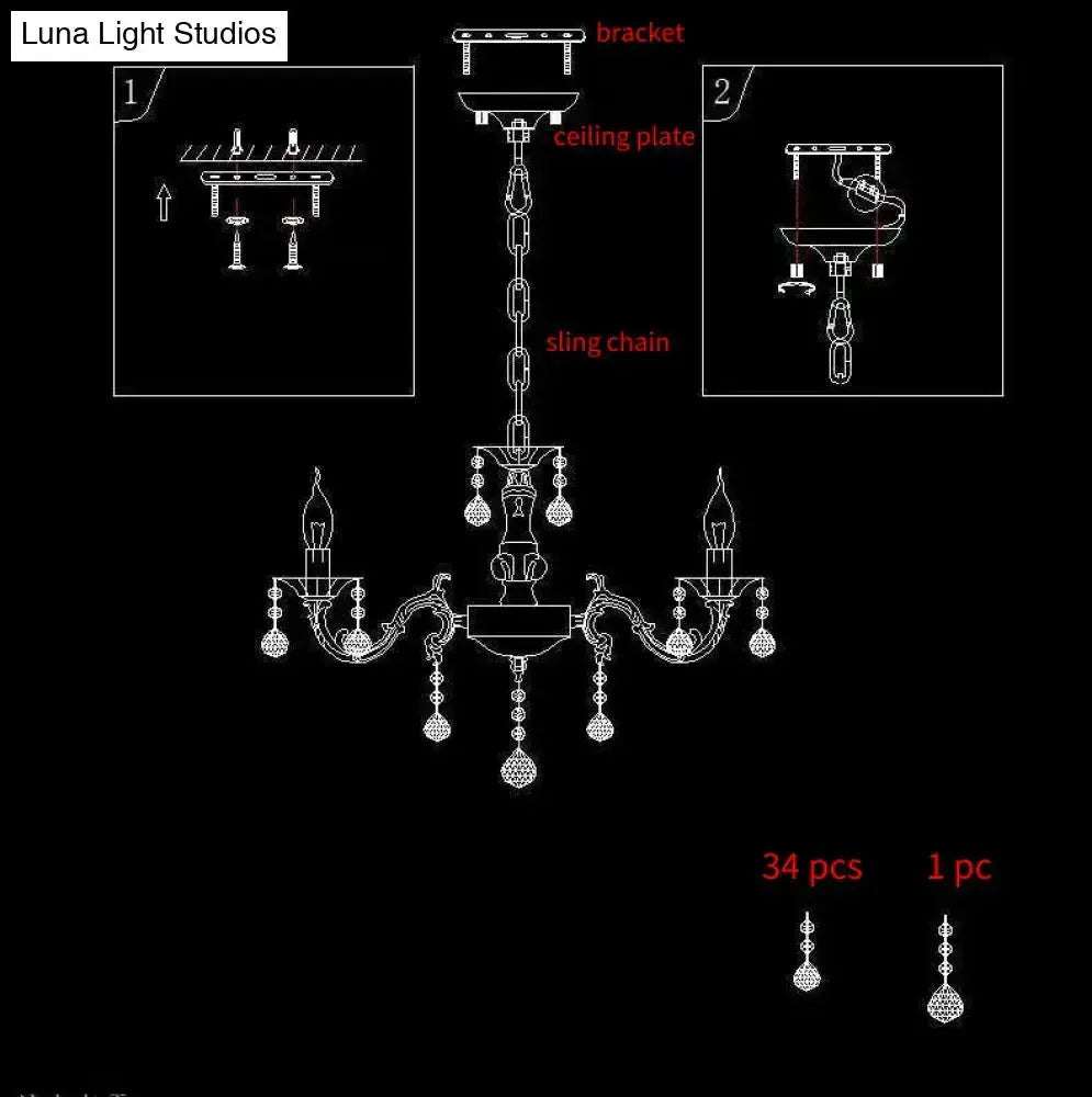Rustic White Candle Suspension Lamp With Crystals