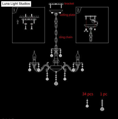 Rustic White Candle Suspension Lamp With Crystals