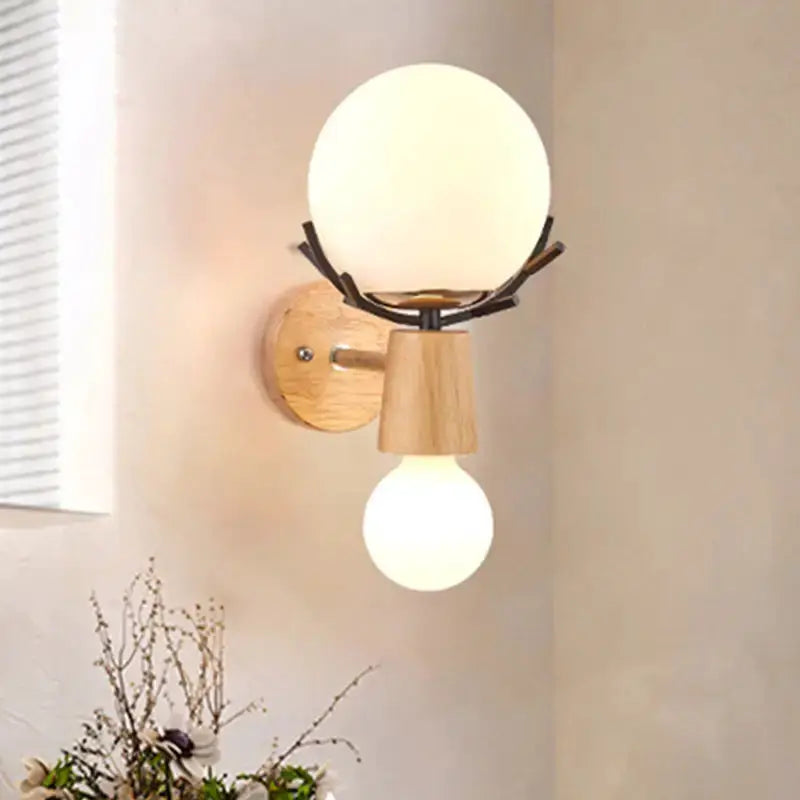 Rustic Wood Globe Sconce Lamp for Stairs