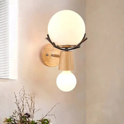 Rustic Wood Globe Sconce Lamp for Stairs