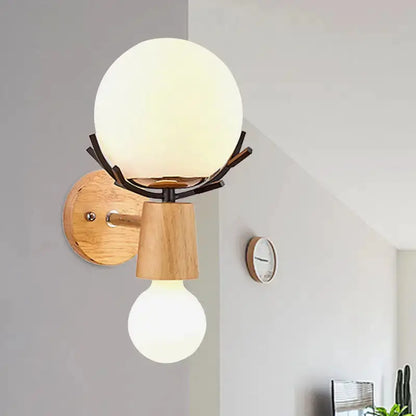 Rustic Wood Globe Sconce Lamp for Stairs