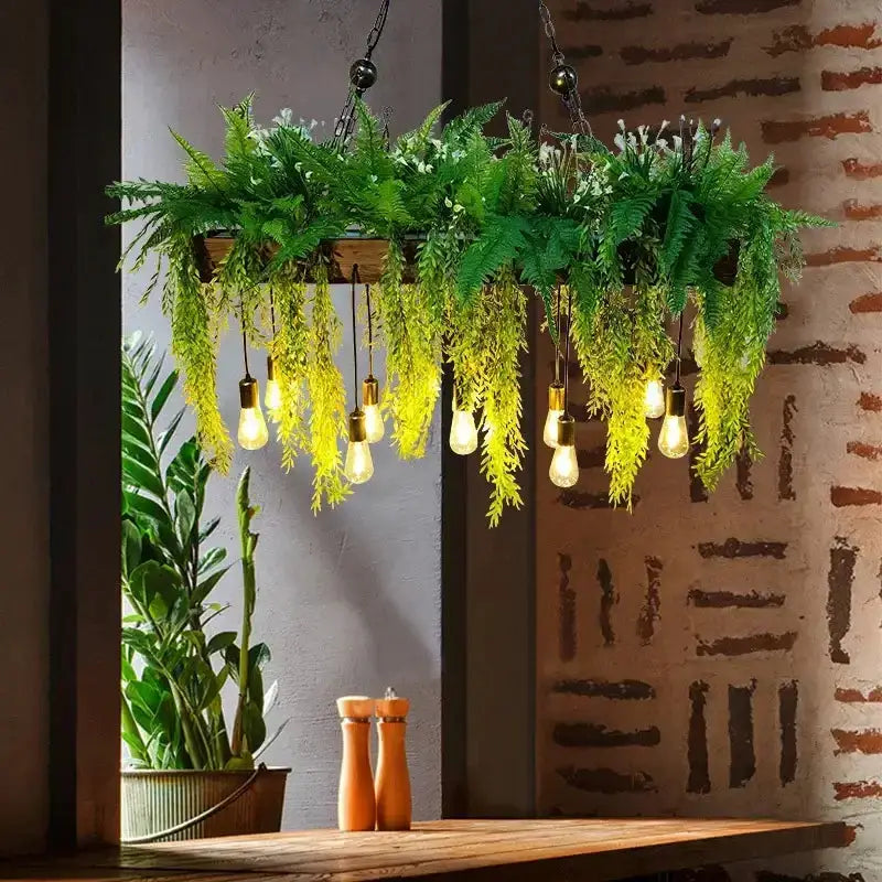 Rustic wood hanging chandelier planter with Edison bulbs and cascading ferns by Decorbites on Tampa Home & Garden Store