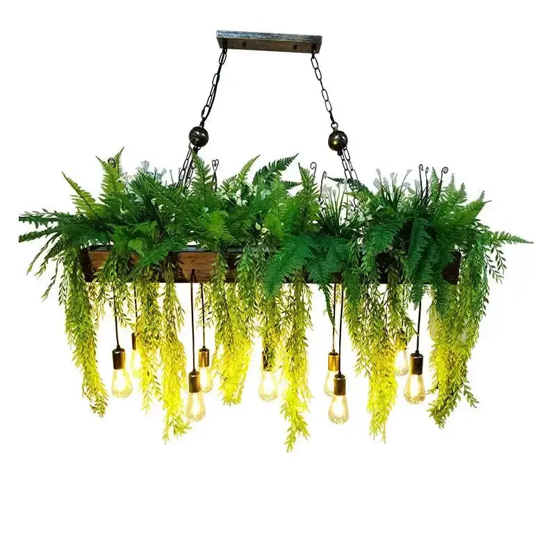 Rustic wood hanging chandelier planter with Edison bulbs and cascading ferns on Tampa Home & Garden Store