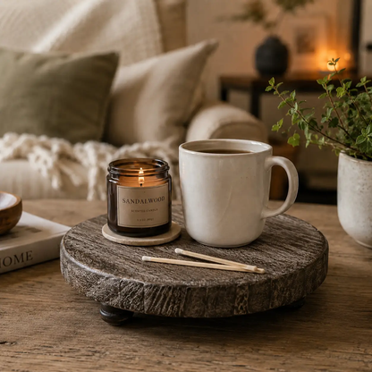 Rustic round wood jewelry tray on pedestal by Gia Roma with dark grain finish, decorative tray on Tampa Home & Garden Store