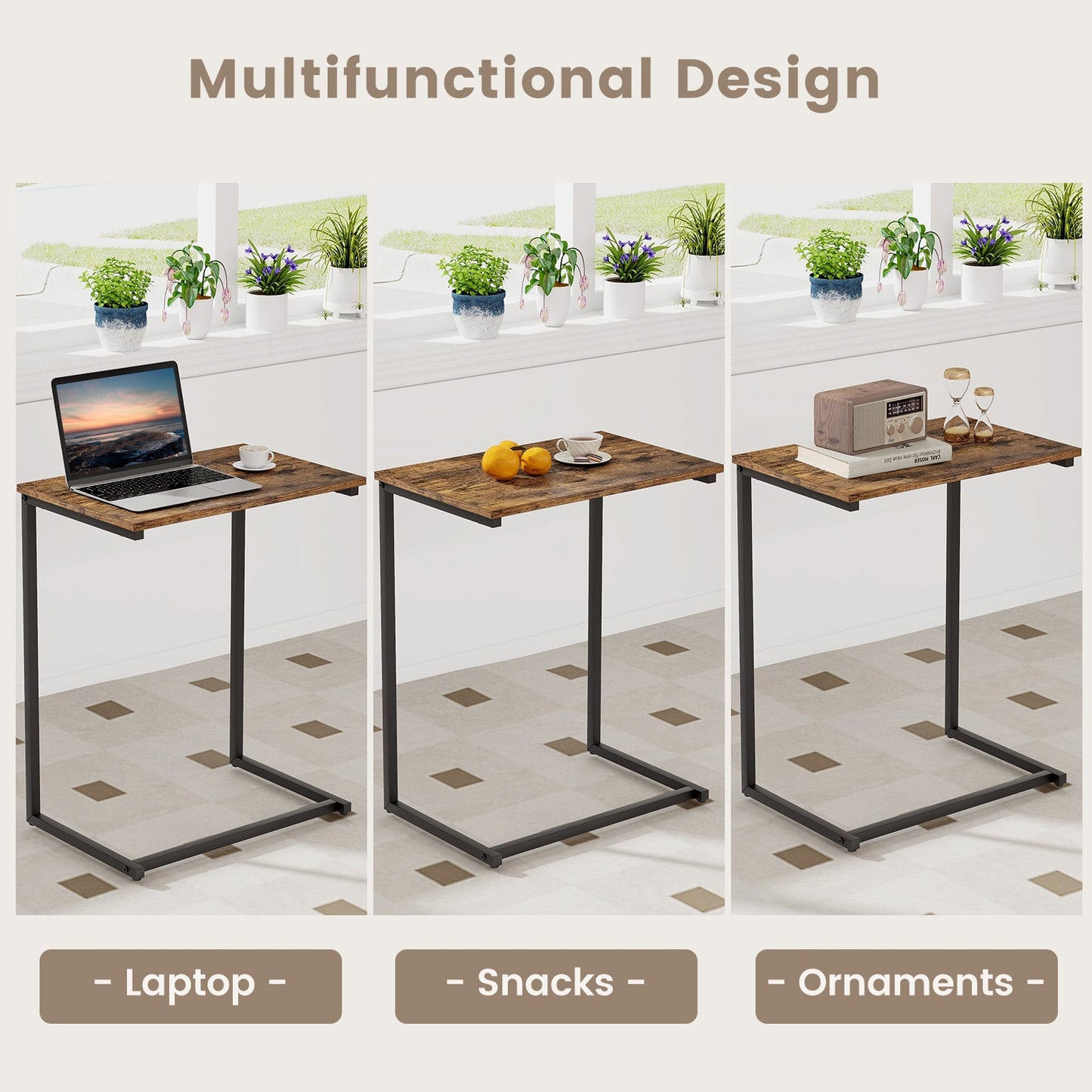 Mesa auxiliar industrial en forma de C con estructura de metal