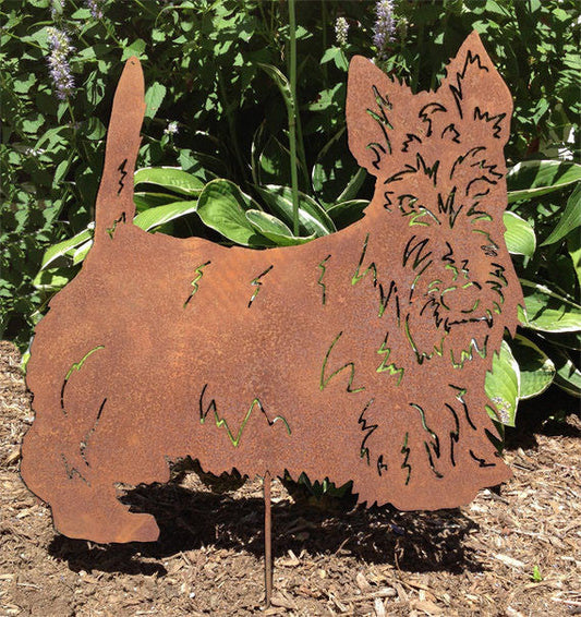Scottish Terrier garden stake metal silhouette rust finish by Rustica Ornamentals on Tampa Home & Garden Store