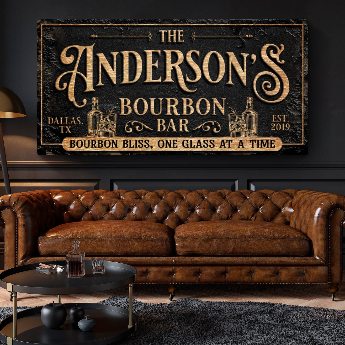 Personalized Bourbon Bar Sign III canvas by Tailored Canvases, lettering on black backdrop on Tampa Home & Garden Store