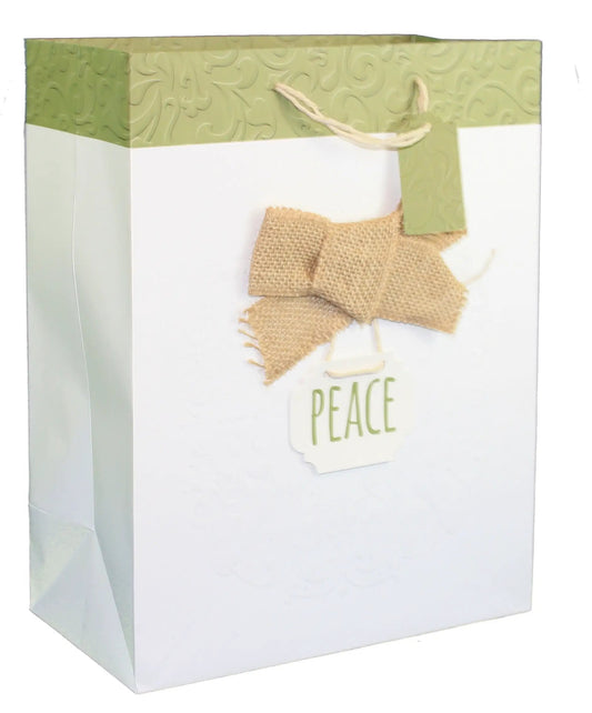 Paper Images Peace Gift Bag Large white bag with embossed green top, burlap bow, twine handles on Tampa Home & Garden Store