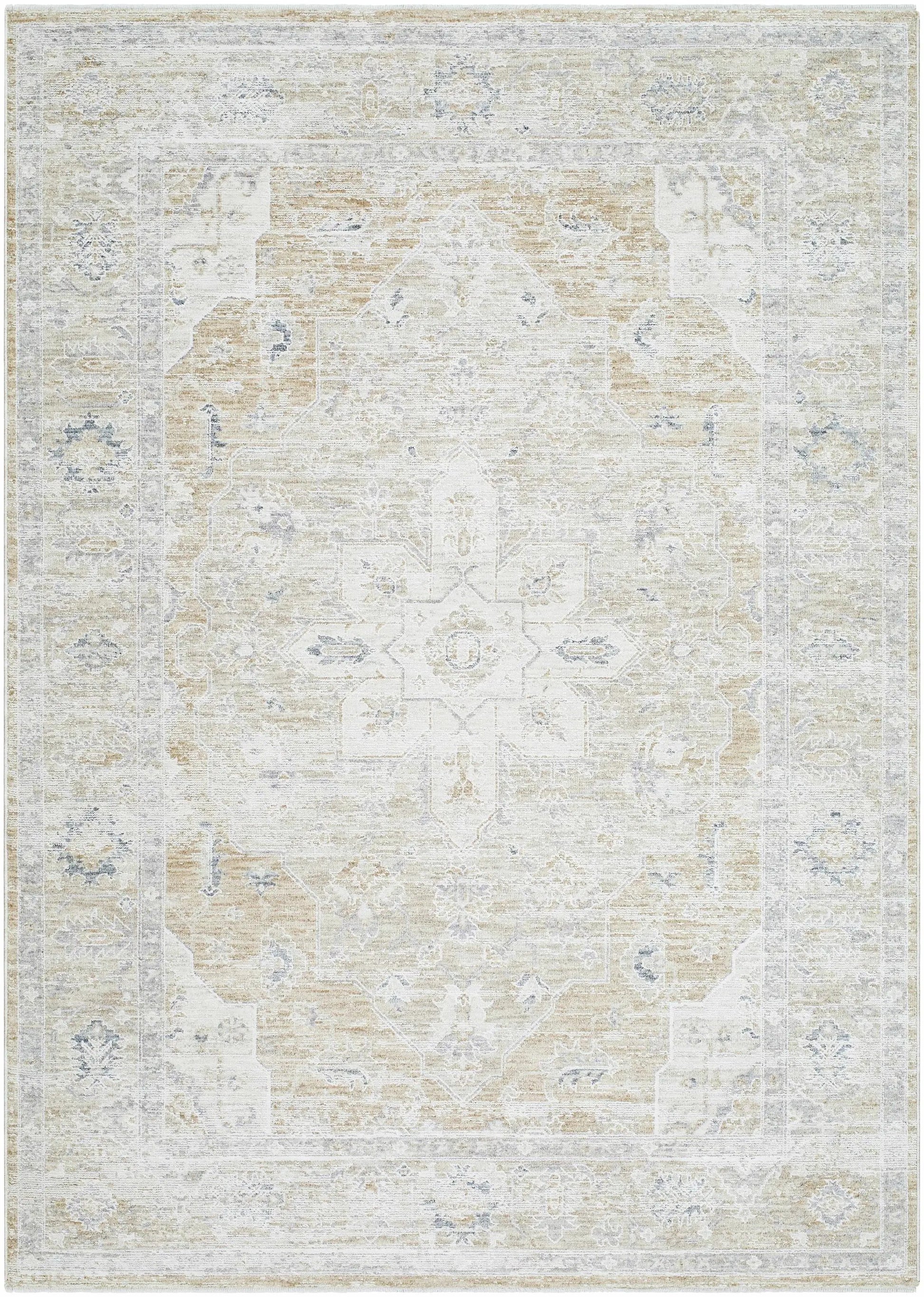 Rug Rhody Luxe Rug by Boutique Rugs, neutral distressed ivory beige with pale blue accents on Tampa Home & Garden Store
