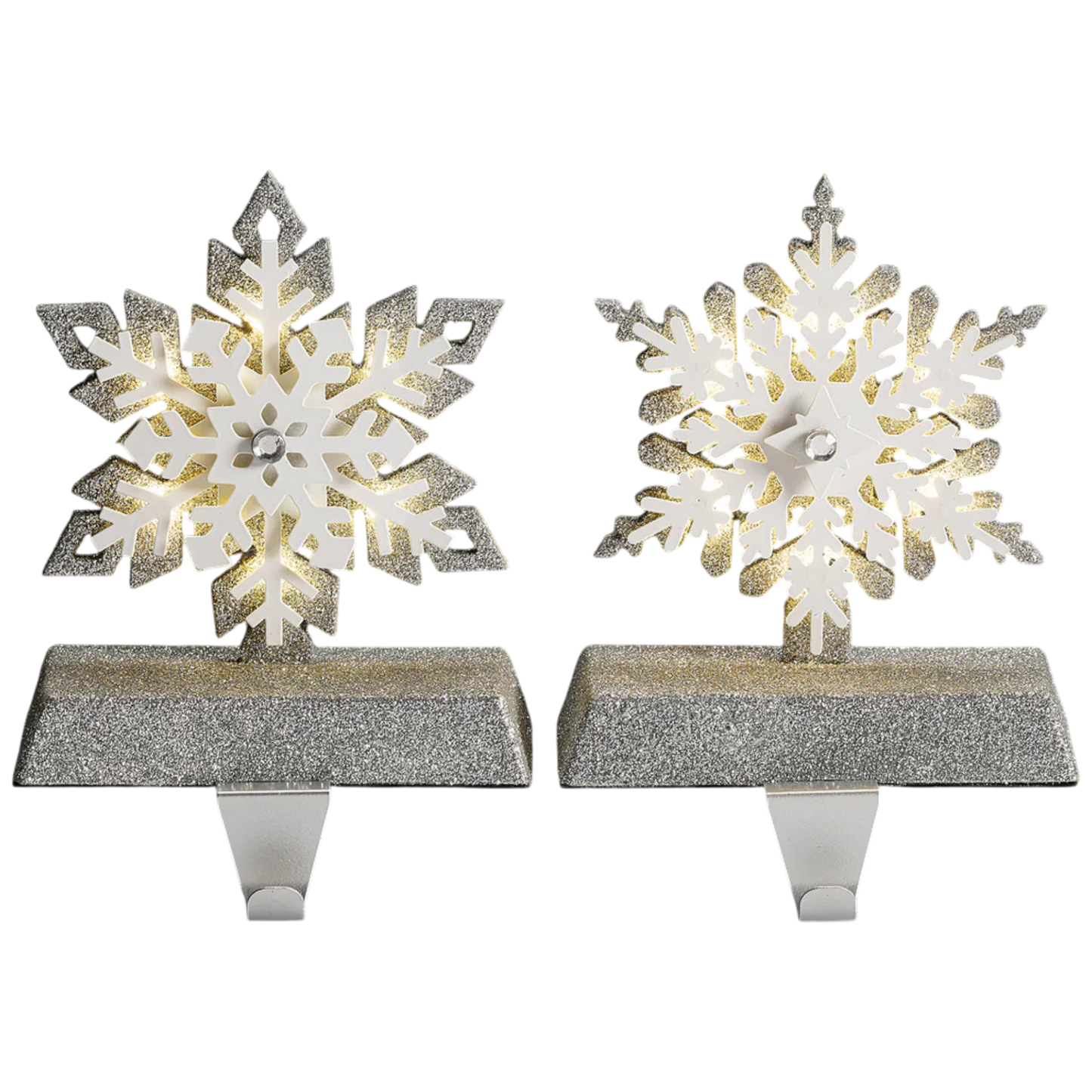 Lighted Snowflake Stocking Hanger 2-piece set in glitter silver white by The Country Christmas Loft on Tampa Home & Garden Store