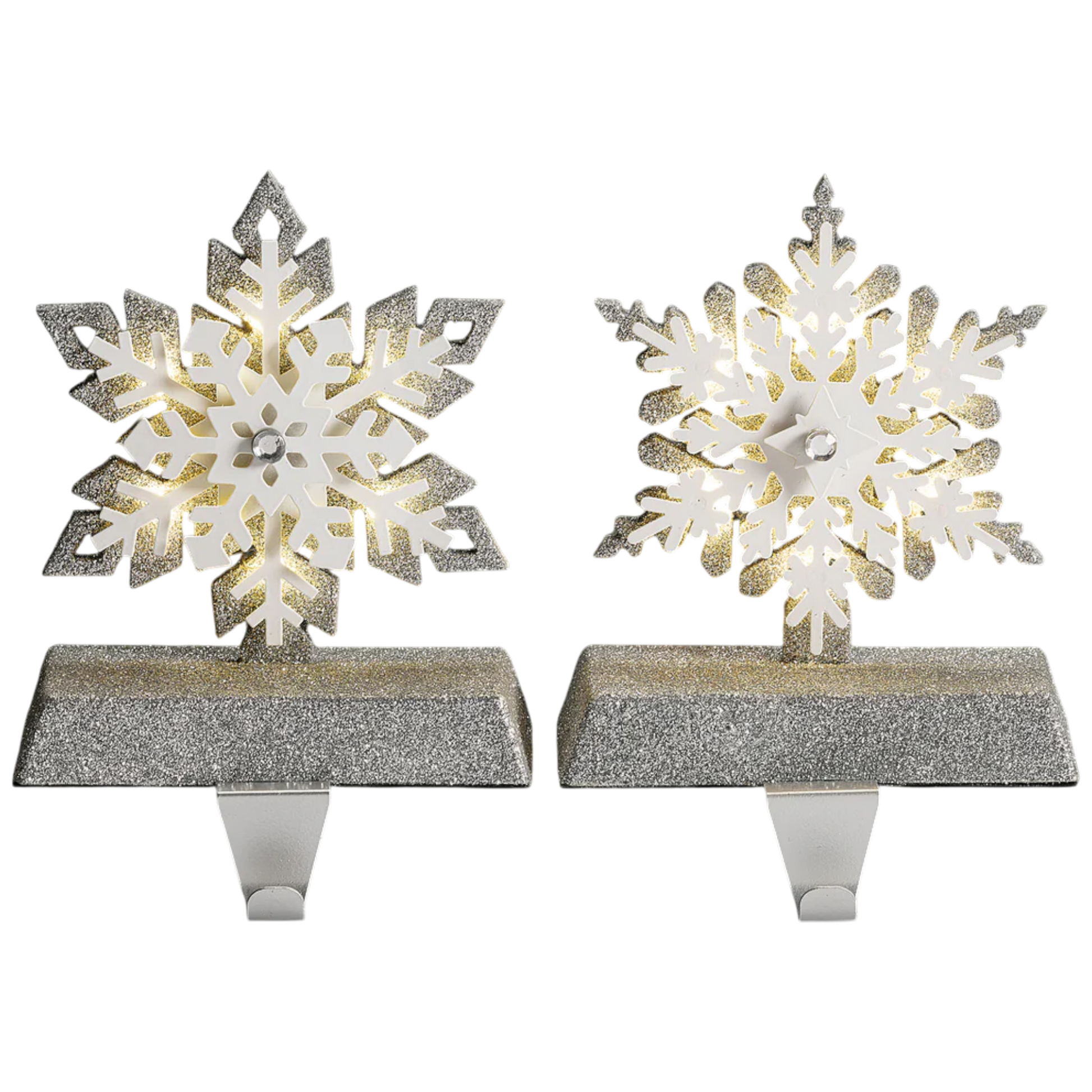 Lighted Snowflake Stocking Hanger 2-piece set in glitter silver white by The Country Christmas Loft on Tampa Home & Garden Store