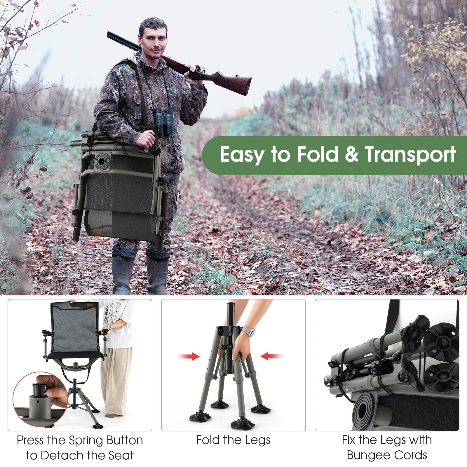 GemGear 360 Degree Silent Swivel Hunting Chair black folded portable tree-stand seat on Tampa Home & Garden Store