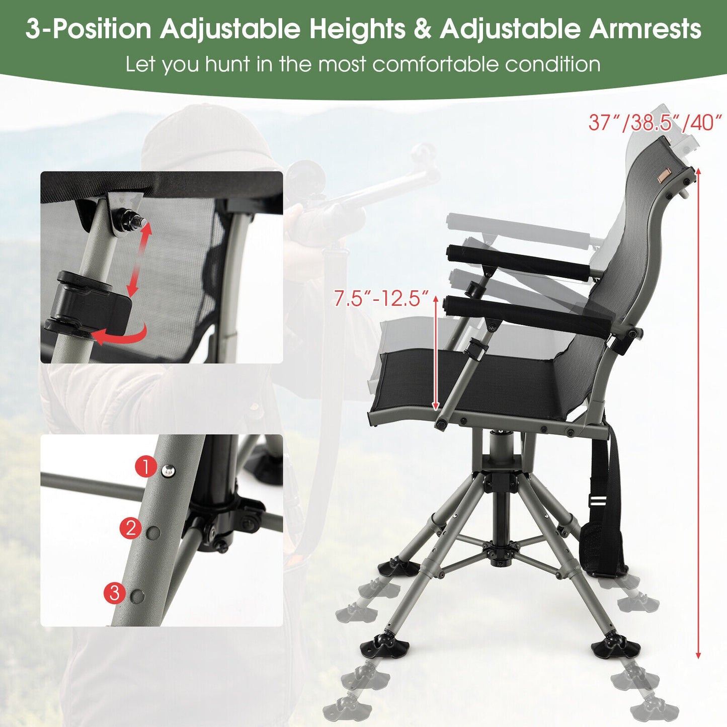 GemGear 360 Degree Silent Swivel Hunting Chair Black with adjustable height and armrests on Tampa Home & Garden Store