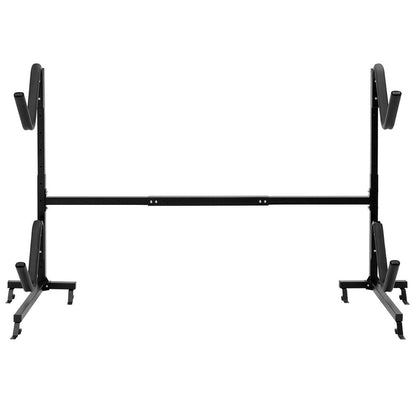 Freestanding black steel dual kayak storage rack with height adjustable arms for two kayaks on Tampa Home & Garden Store