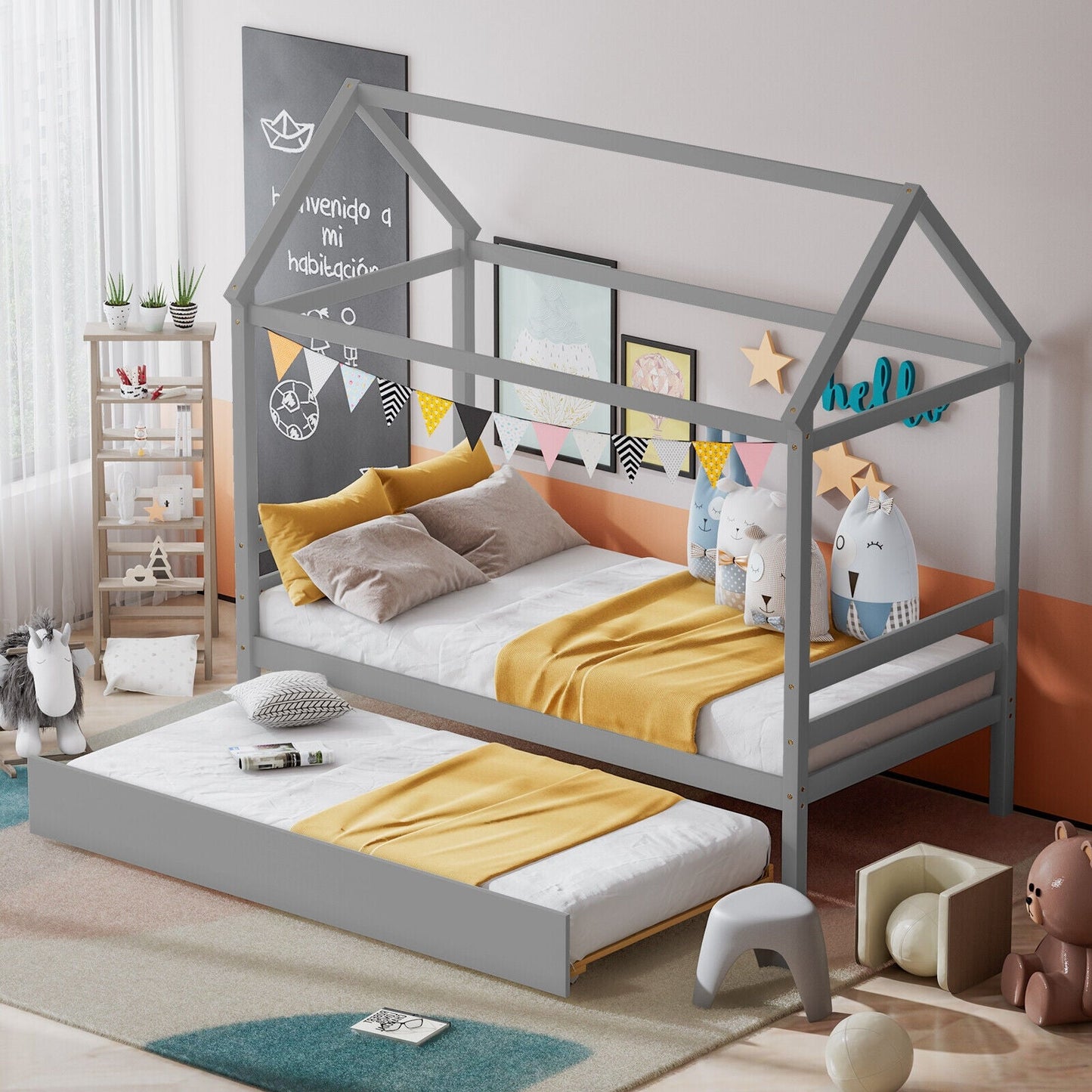 Cama de plataforma para niños con techo para dormitorio - Gris