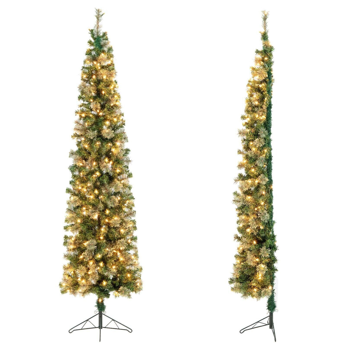 7 ft half artificial Christmas tree with pine needles and 150 lights two halves on metal stands on Tampa Home & Garden Store