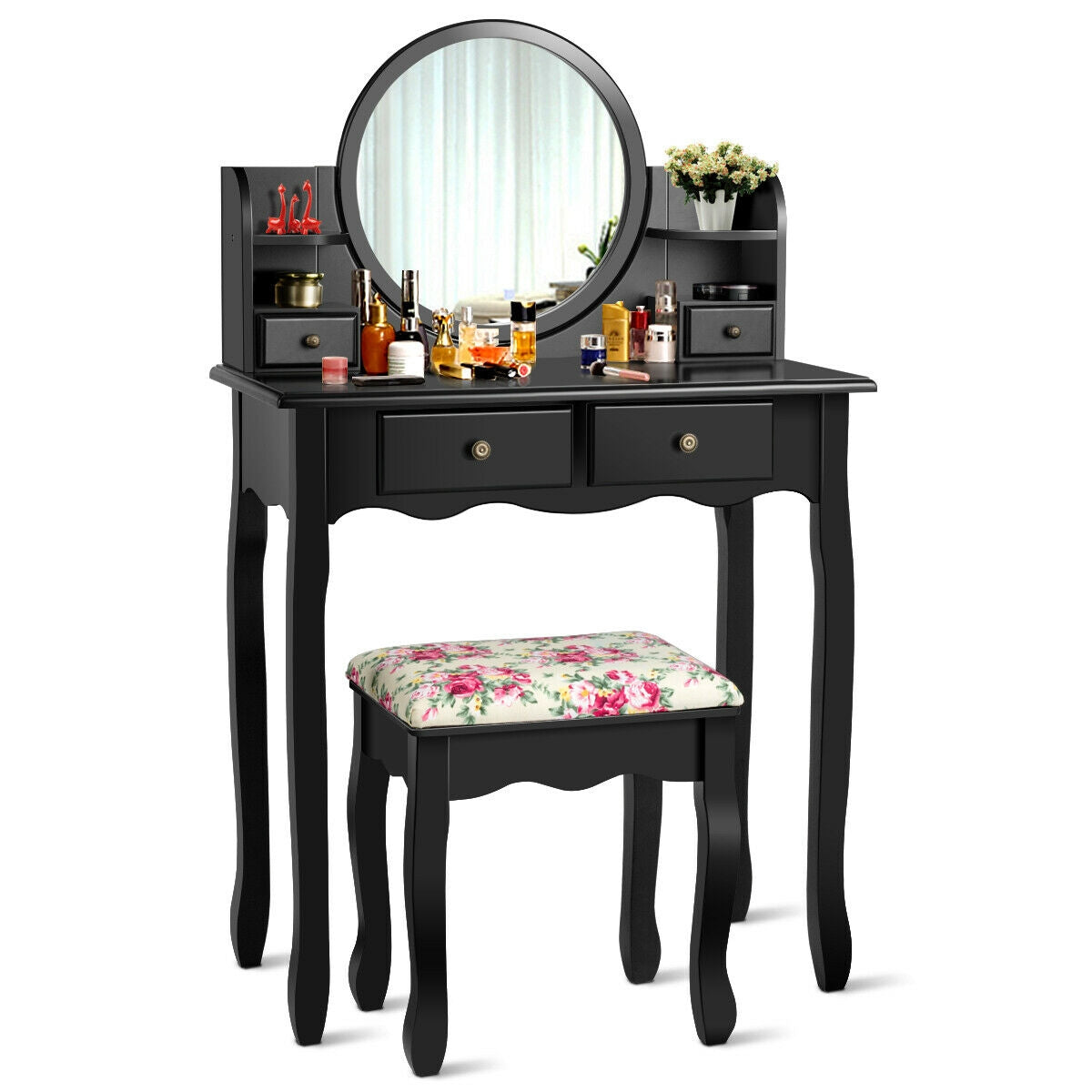 Tocador de maquillaje para niñas con cajones y espejo ovalado - Negro