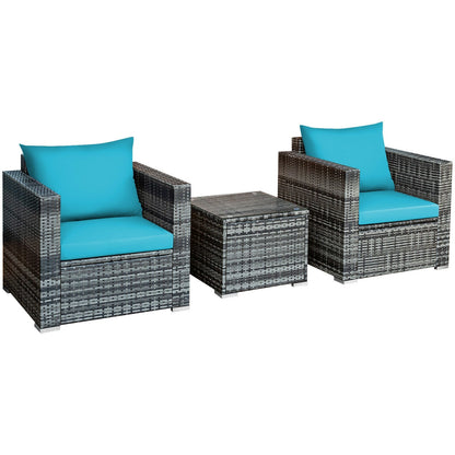 3 Pcs Patio Rattan Furniture Bistro Sofa Set with Cushioned-Gray
