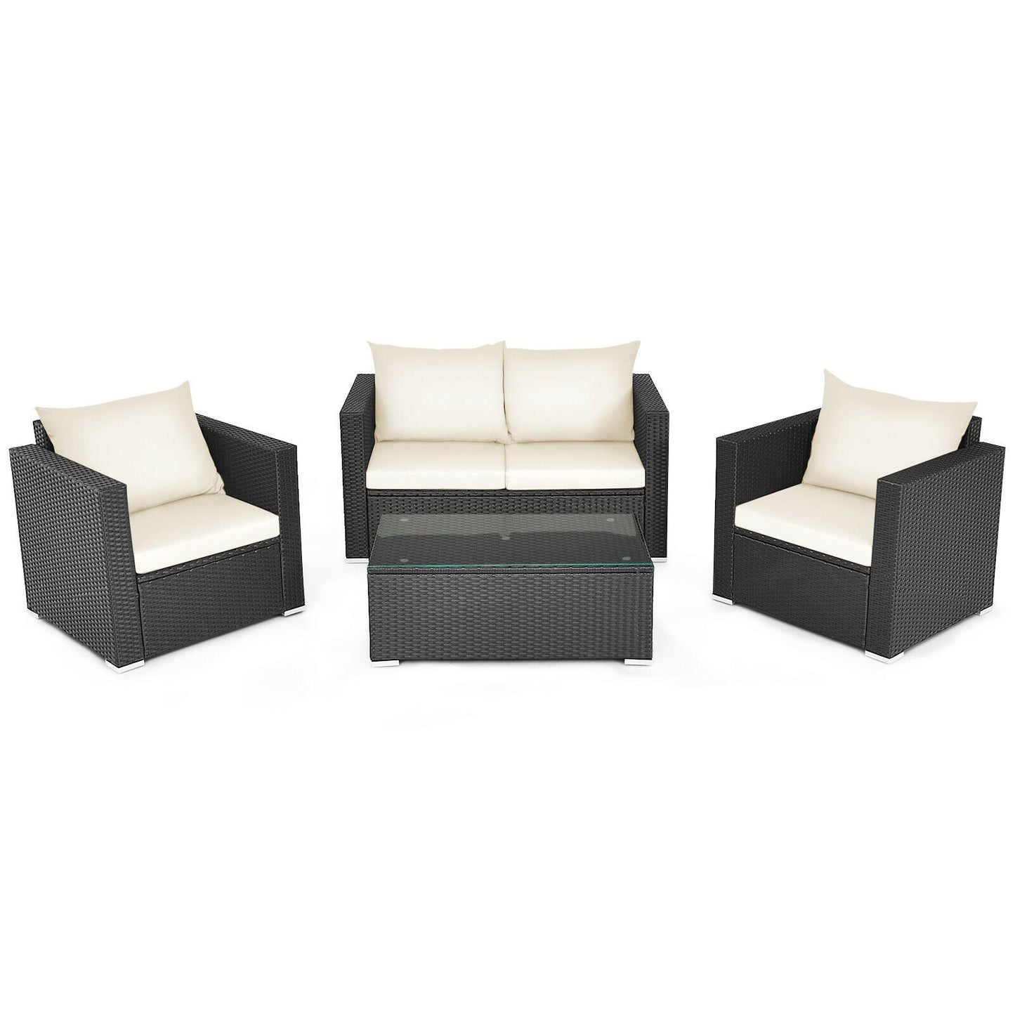 Juego de conversación de ratán para patio de 4 piezas con cojín acolchado y mesa de centro de vidrio templado - Blanco