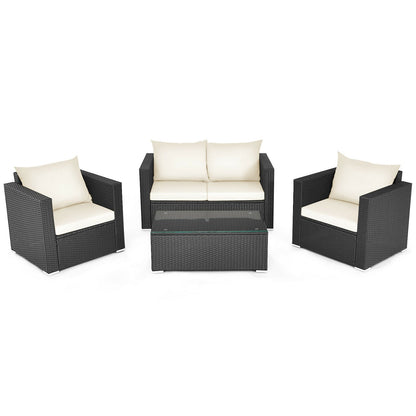 Juego de conversación de ratán para patio de 4 piezas con cojín acolchado y mesa de centro de vidrio templado - Blanco