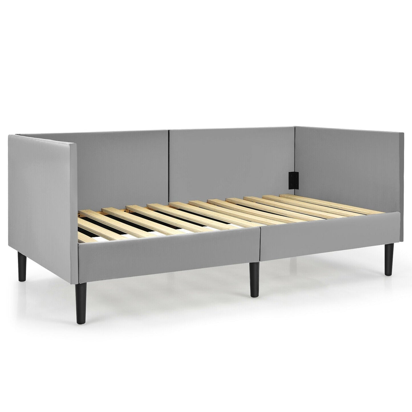 Base de cama individual con estructura de listones de madera resistente, color gris