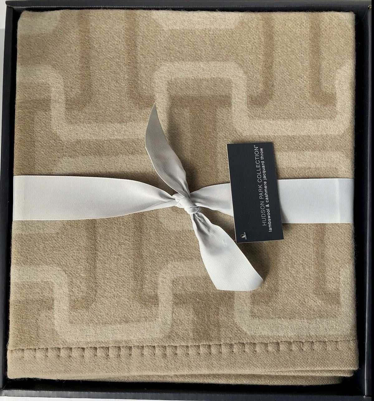 Hudson Park Collection beige lambswool cashmere jacquard interlocking throw by Vanessa Jane on Tampa Home & Garden Store