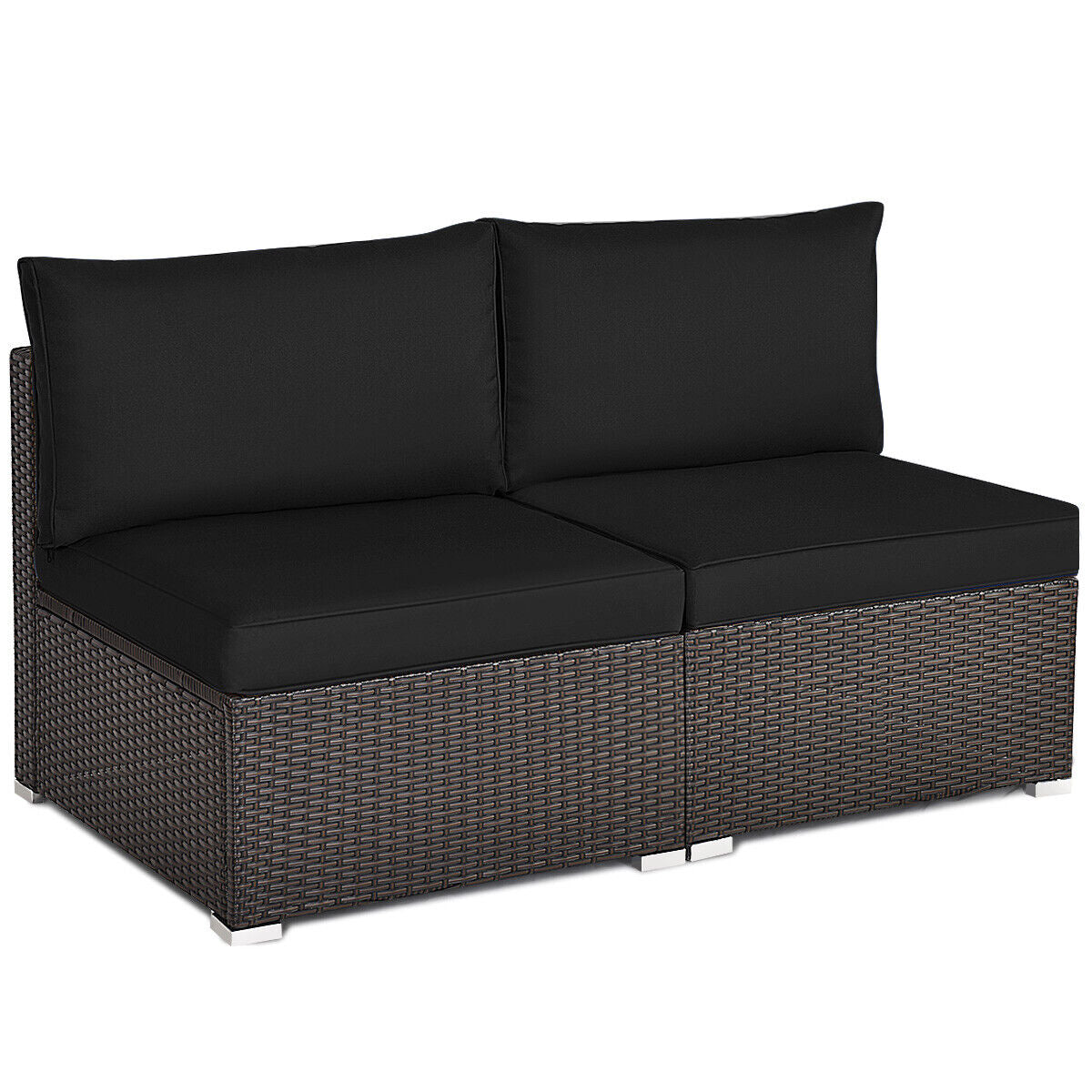 2 Pieces Patio Rattan Armless Sofa Set with 2 Cushions and 2 Pillows-Navy