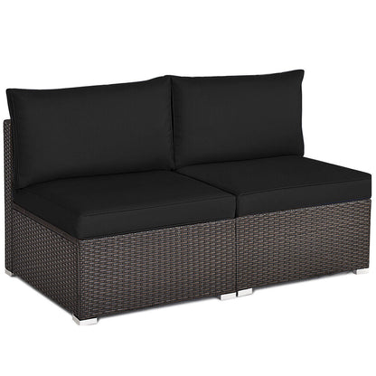 2 Pieces Patio Rattan Armless Sofa Set with 2 Cushions and 2 Pillows-Navy