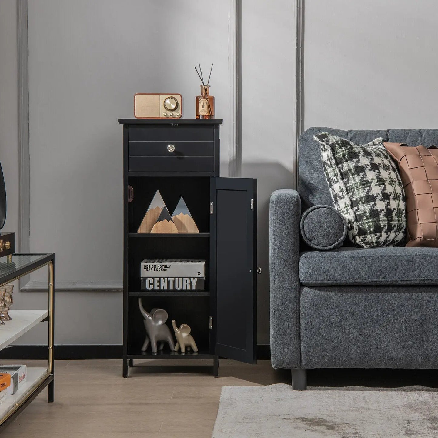 Wooden Bathroom Floor Storage Cabinet With Drawer