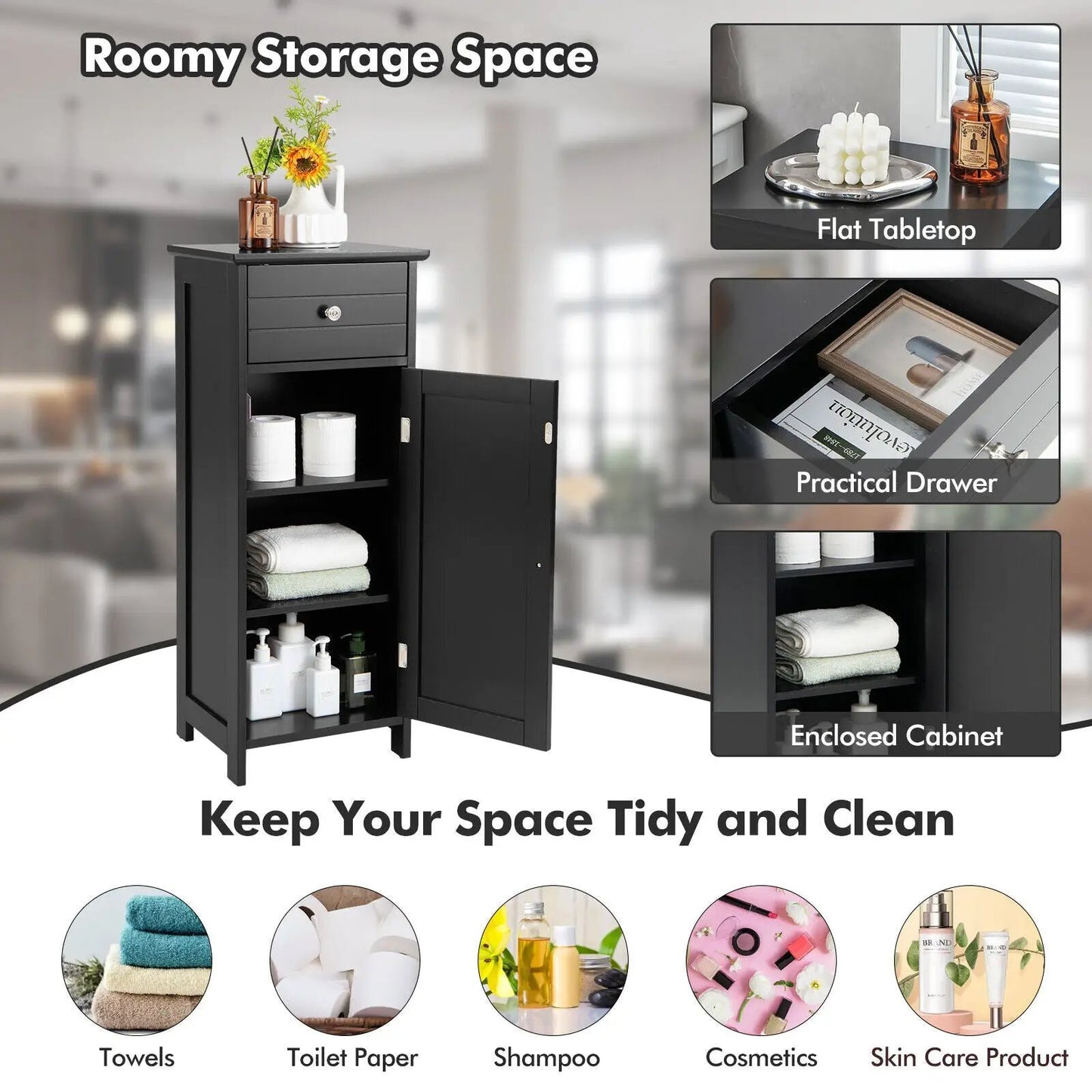 Wooden Bathroom Floor Storage Cabinet With Drawer
