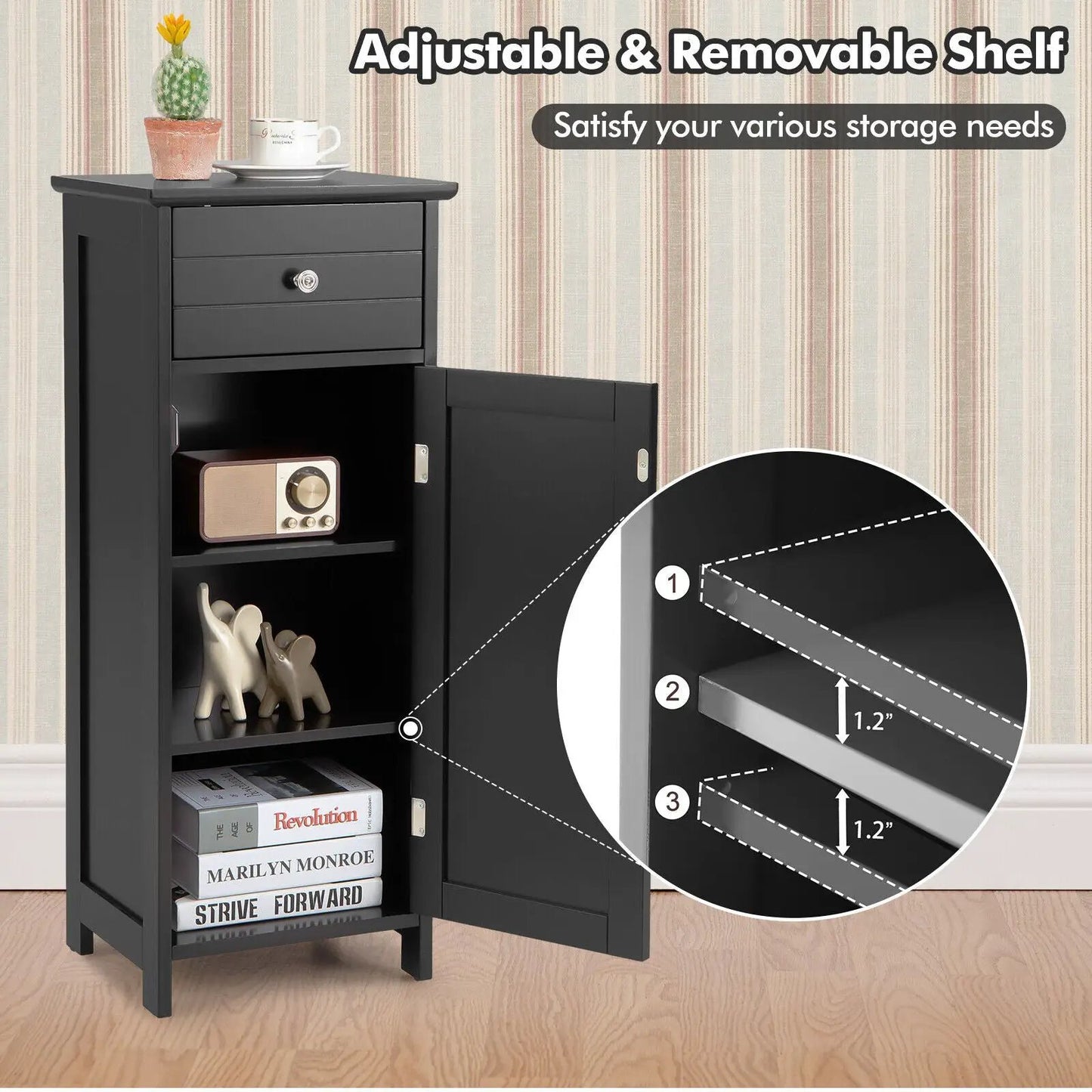 Wooden Bathroom Floor Storage Cabinet With Drawer