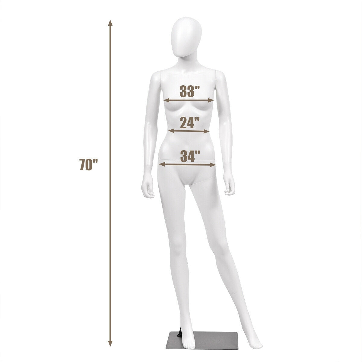Maniquí femenino de cuerpo entero de 1,76 m con cabeza ovalada y base metálica
