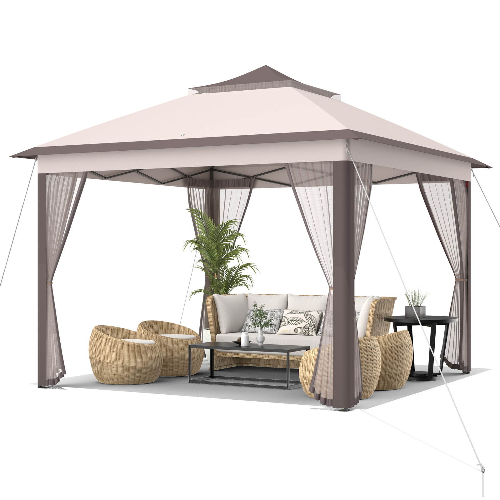 11x11 ft two-tier pop-up gazebo tent with beige canopy, brown posts, sheer curtains, wicker seating set on Tampa Home & Garden Store