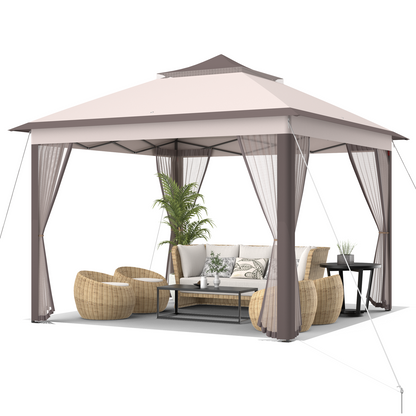 11x11 ft two-tier pop-up gazebo tent with beige canopy, brown posts, sheer curtains, wicker seating set on Tampa Home & Garden Store