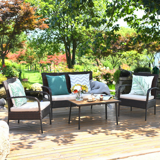 4 Pieces Patio Cushioned Wicker Conversation Set with Acacia Wood Tabletop - Tampa Home & Garden Store