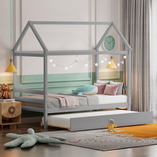 Kids Platform Bed Frame with Roof for Bedroom-Gray - Tampa Home & Garden Store