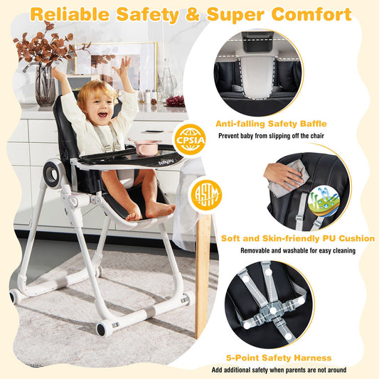 Baby High Chair Foldable Feeding Chair with 4 Lockable Wheels - Tampa Home & Garden Store