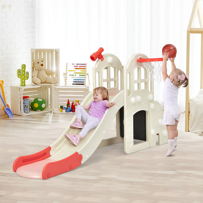 Kids' plastic playset with slide and basketball hoop indoors cream with red accents on Tampa Home & Garden Store