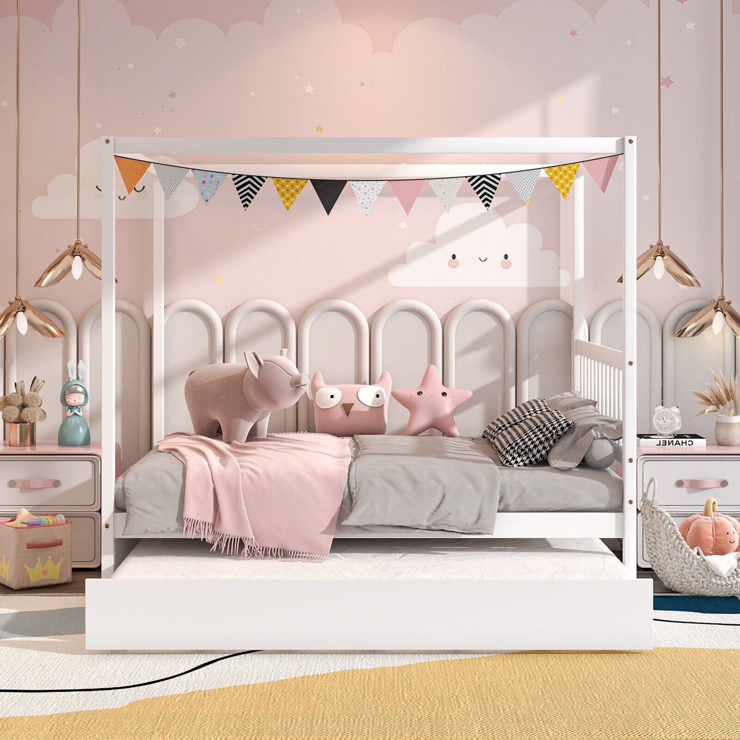 Cama con dosel de tamaño completo con cama nido, plataforma de madera, cabecero - Blanco