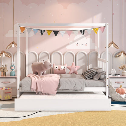 Cama con dosel de tamaño completo con cama nido, plataforma de madera, cabecero - Blanco