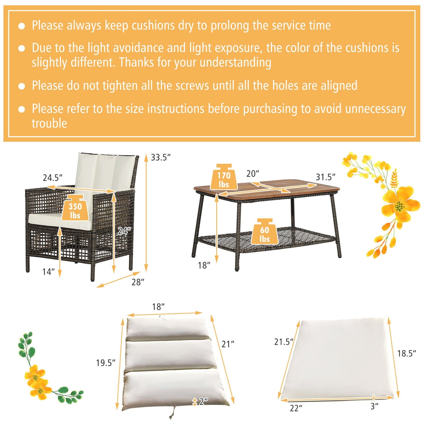 Juego de muebles de patio de ratán de 5 piezas con cojines, sofá y mesa auxiliar de madera - Blanco roto
