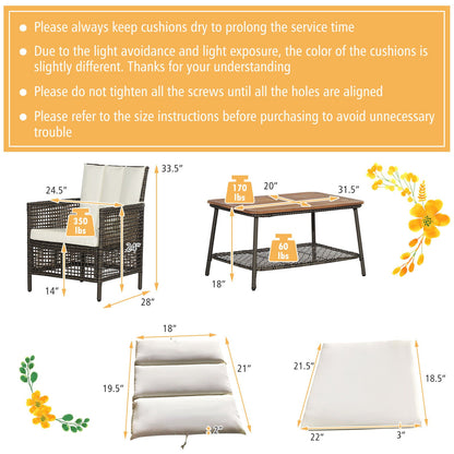 Juego de muebles de patio de ratán de 5 piezas con cojines, sofá y mesa auxiliar de madera - Blanco roto