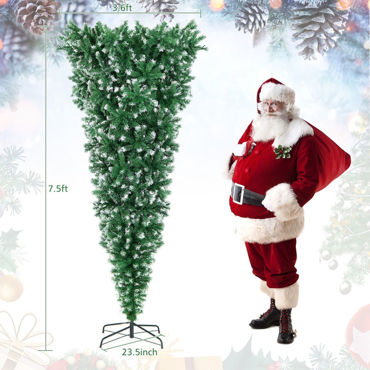 Árbol de Navidad nevado boca abajo preiluminado de 7.5 pies, 1100 puntas