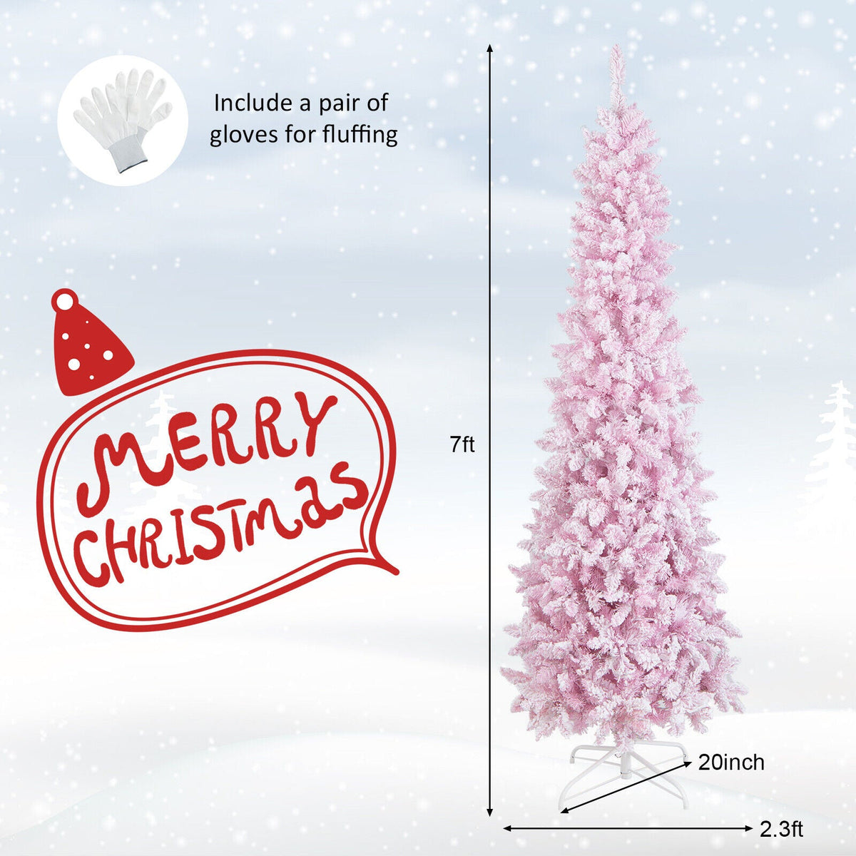 7ft snow-flocked hinged pencil Christmas tree, 300 lights, 8 modes, DirectDeals; gloves for fluffing on Tampa Home & Garden Store