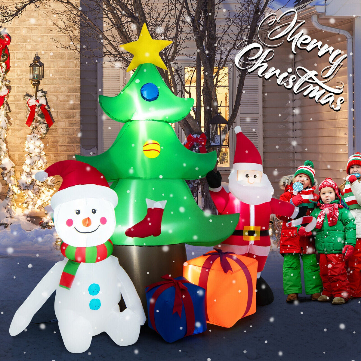 7.2 ft green inflatable lighted Christmas tree with Santa, snowman, gifts, and kids on Tampa Home & Garden Store