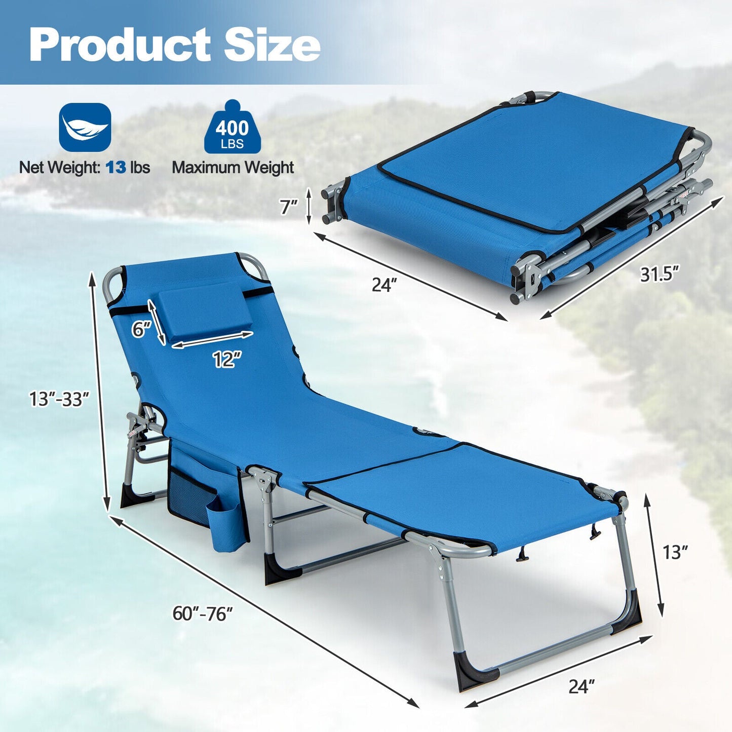 Sillón reclinable plegable de exterior de 5 posiciones - Azul