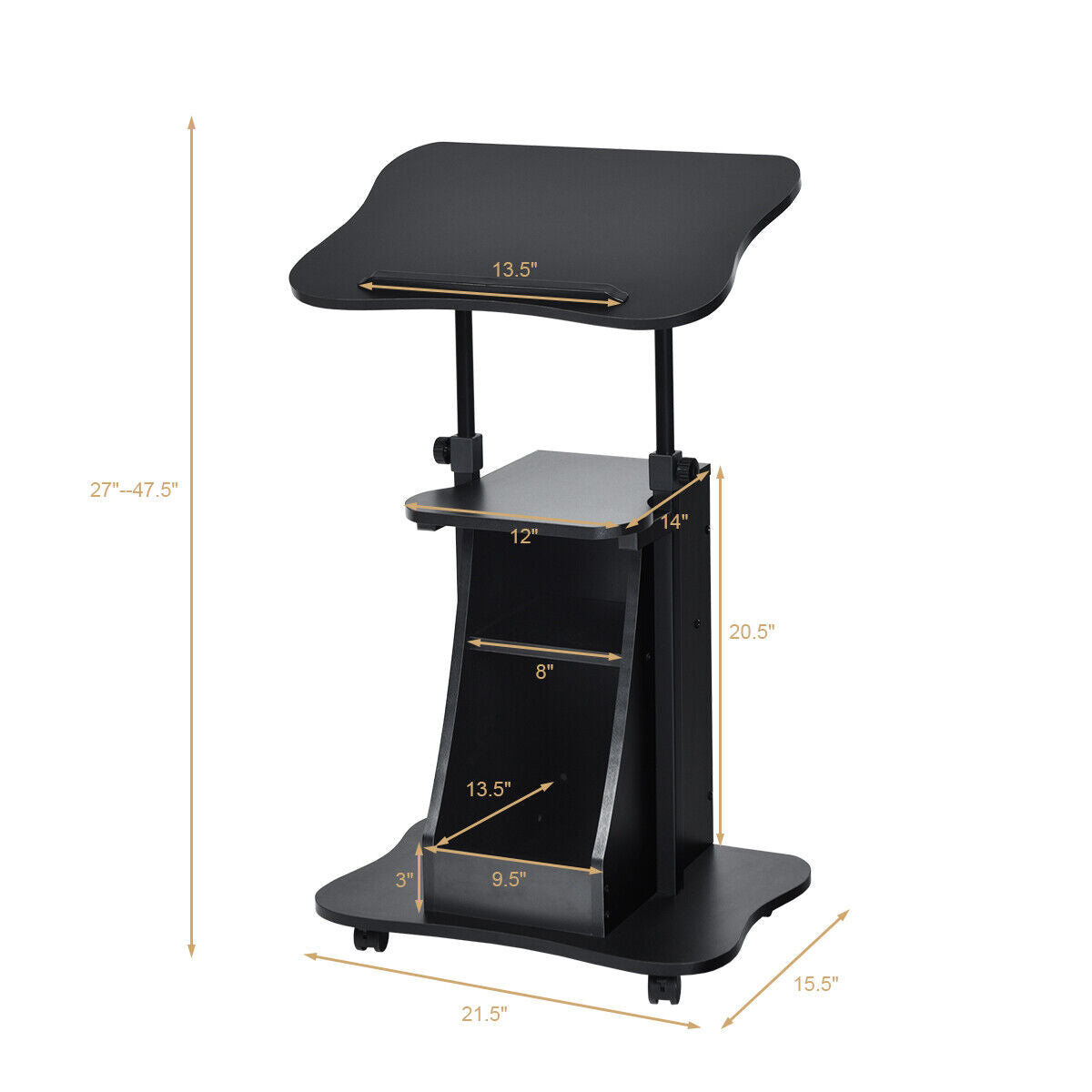 Carro de escritorio para computadora portátil de altura ajustable con almacenamiento, de asiento a pie - Negro