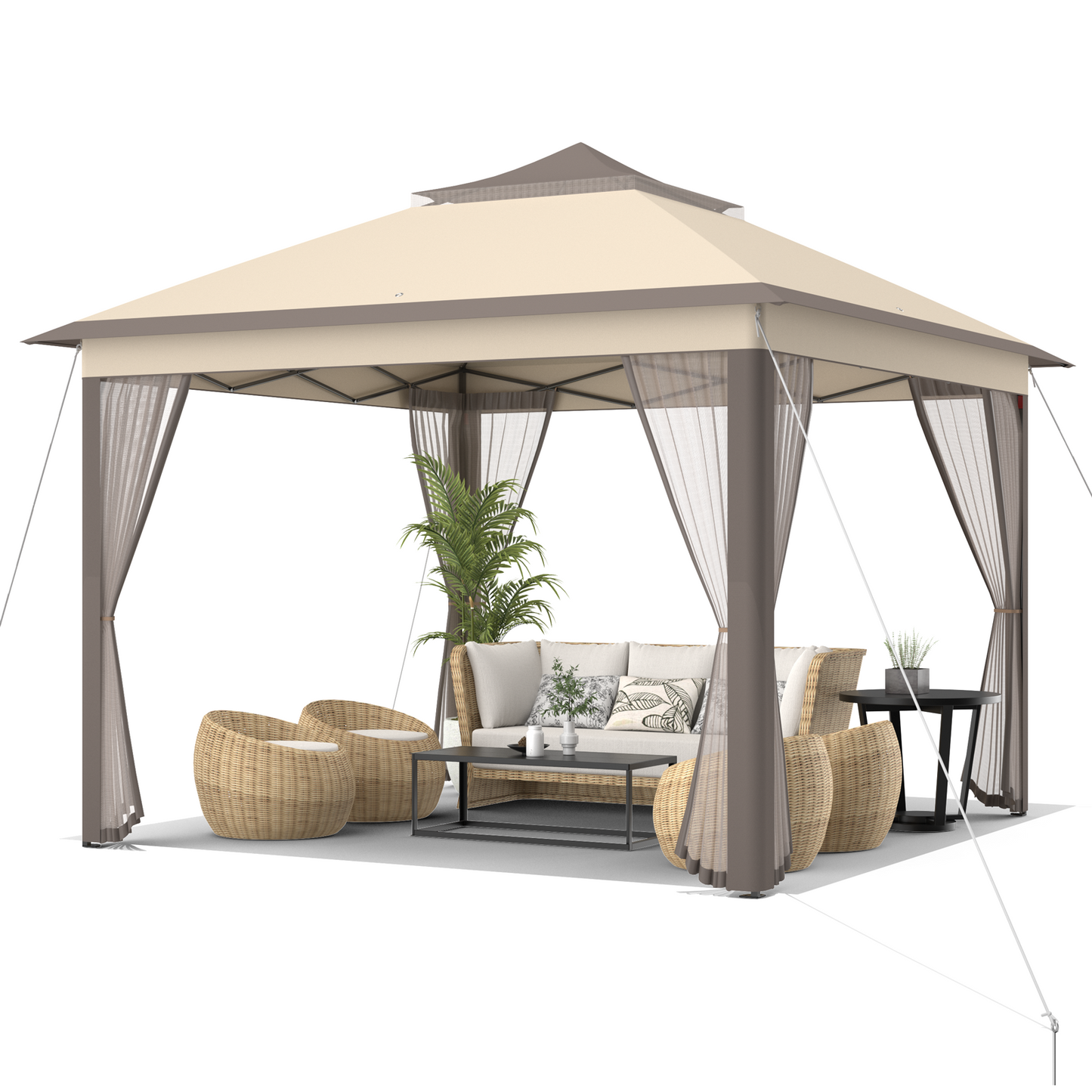 GemGear 11x11 ft 2-tier pop-up gazebo tent with beige canopy, brown frame and mesh curtains on Tampa Home & Garden Store