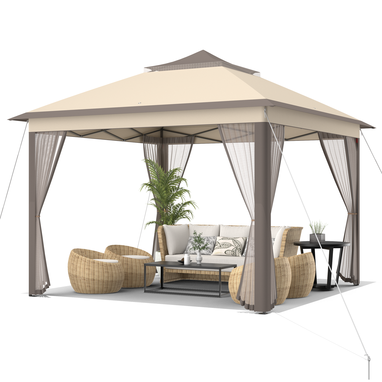 GemGear 11x11 ft 2-tier pop-up gazebo tent with beige canopy, brown frame and mesh curtains on Tampa Home & Garden Store